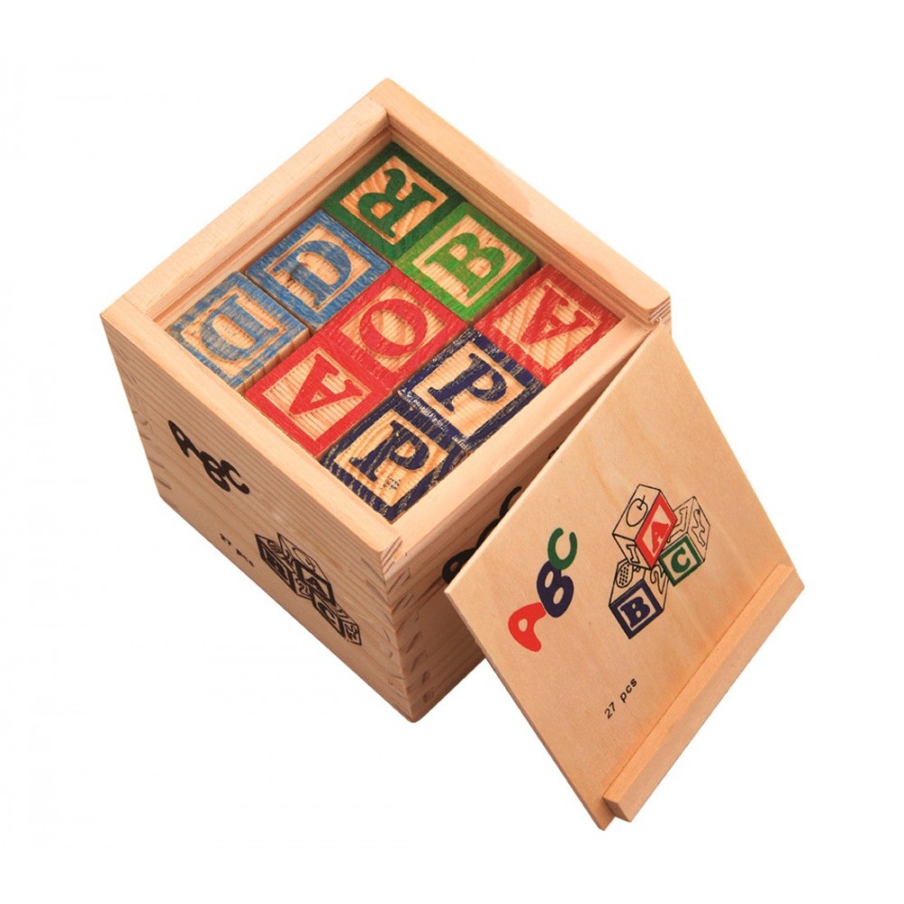 Playset pedagogico 27 pz scatola e cubi in legno animali lettere e numeri 3x3 cm