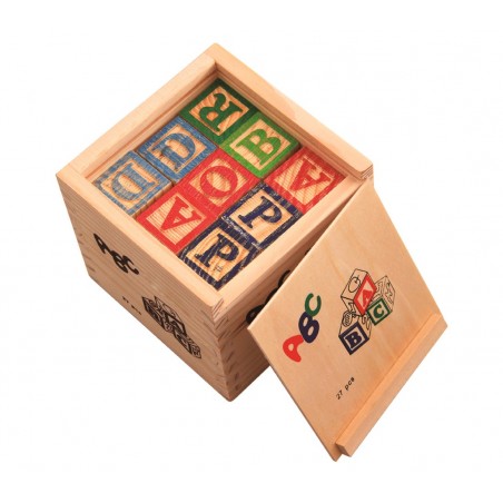 Playset pedagogico 27 pz scatola e cubi in legno animali lettere e numeri 3x3 cm
