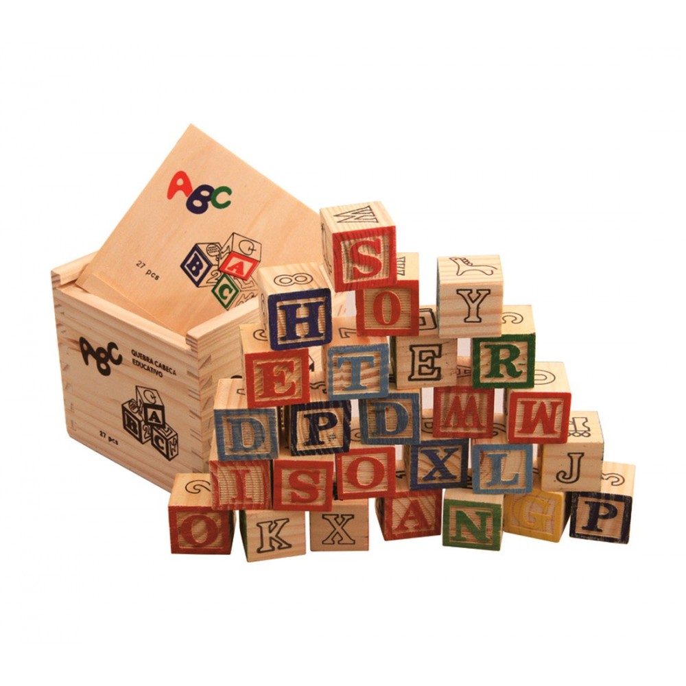 Playset pedagogico 27 pz scatola e cubi in legno animali lettere e numeri 3x3 cm