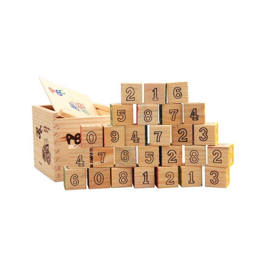 Playset pedagogico 27 pz scatola e cubi in legno animali lettere e numeri 3x3 cm