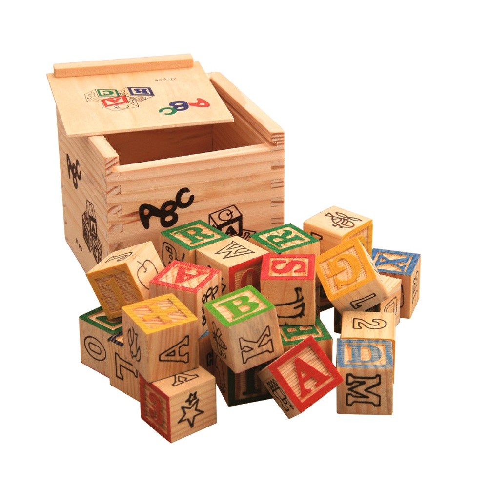 Playset pedagogico 27 pz scatola e cubi in legno animali lettere e numeri 3x3 cm
