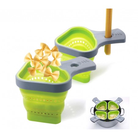 Set di 2 cuocipasta monoporzione con colapasta in silicone pieghevole  Set di 2 cuocipasta monoporzione con colapasta in silicone pieghevole