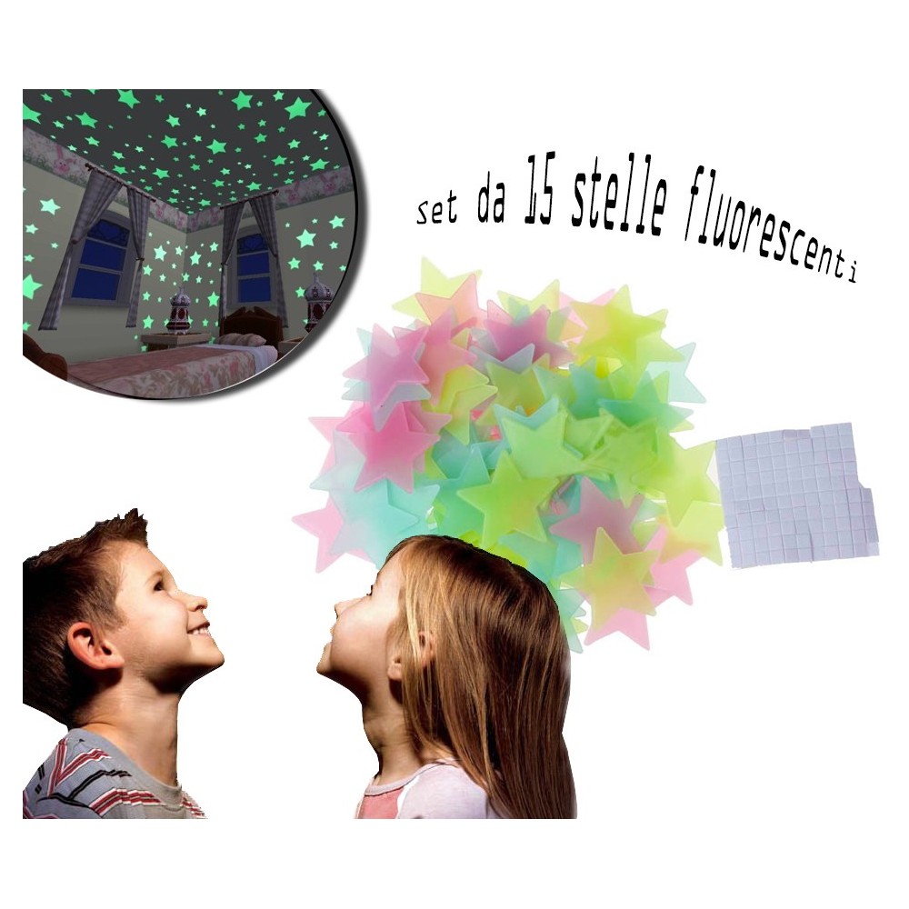 Set di 15 stelle fluorescenti di diverse misure decorazione murale autoadesiva removibile 608124