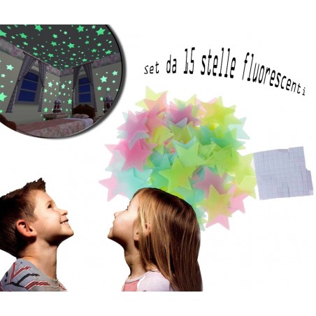 Set di 15 stelle fluorescenti di diverse misure decorazione murale autoadesiva removibile 608124