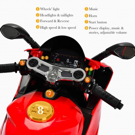 Moto da Strada BKT B39326 per bambini con luci led 12V MP3 USB sedile in pelle