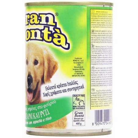 Confezione 12x Monge GRAN BONTA' Agnello e Riso per cani da 1230g con vitamine