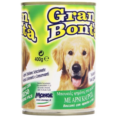 Confezione 12x Monge GRAN BONTA' Agnello e Riso per cani da 1230g con vitamine
