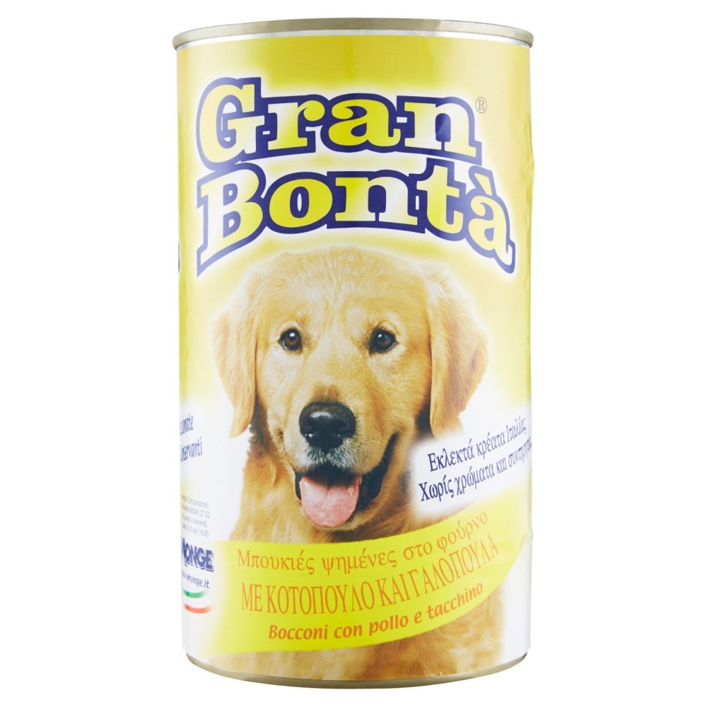 Confezione 12x Monge GRAN BONTA' per cani Pollo e tacchino 1230gr con vitamine