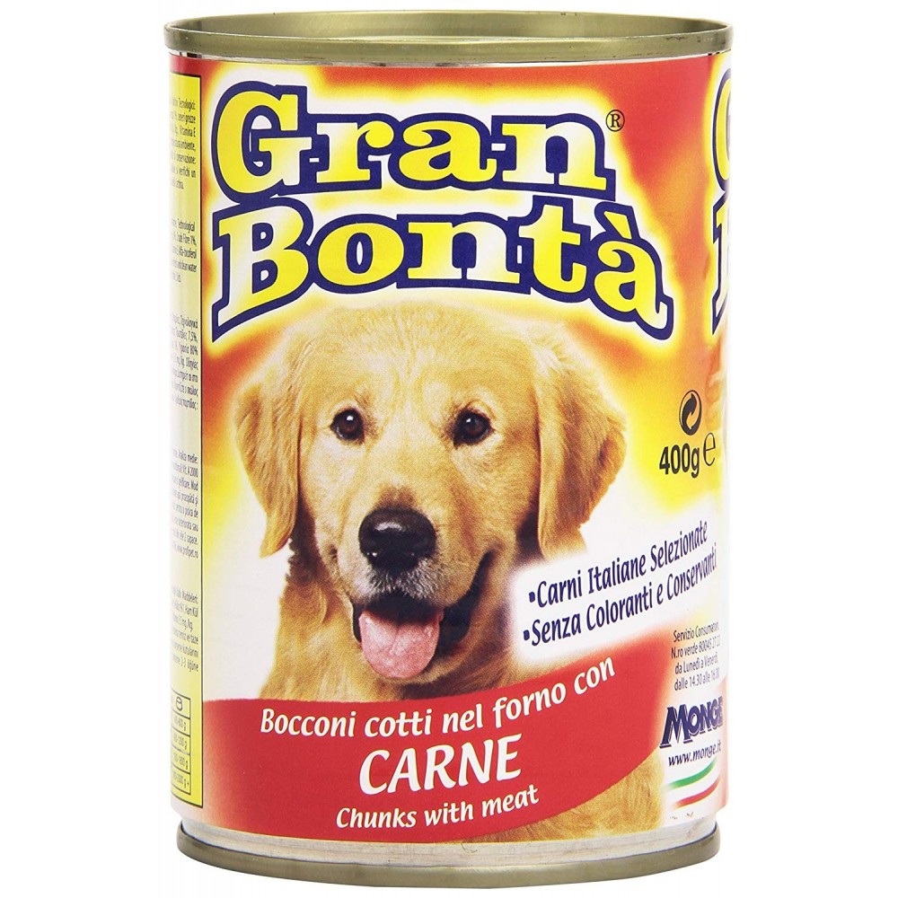 Pack 24x Monge GRAN BONTA' Bocconi con Carne scatoletta per cani da 400g  vitamine