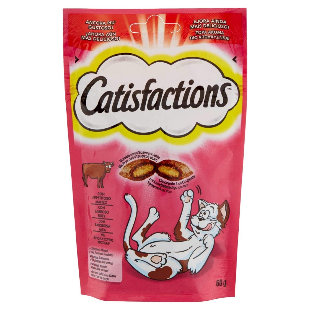 Pack da 6x Snack per gatto Catisfactions 121375 bocconcini con Manzo 60 gr