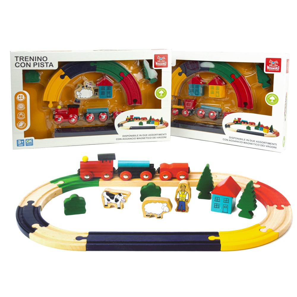 Playset Trenino 721206 in legno binario e accessori aggancio vagoni magnetico