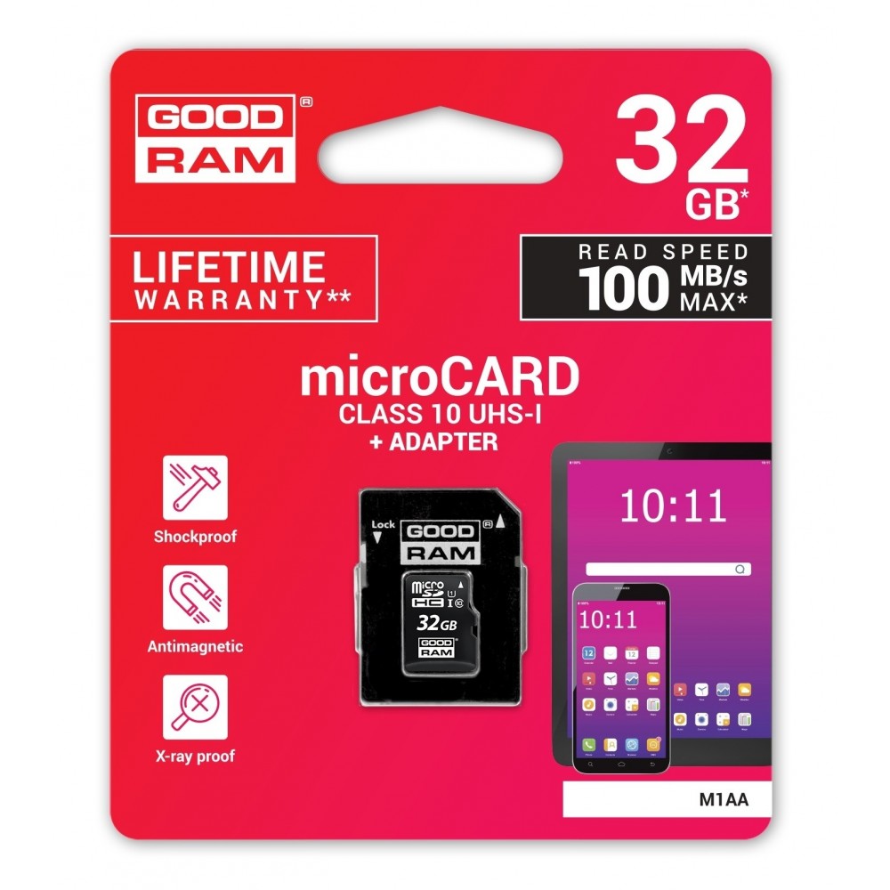 Scheda memoria GOOD RAM microsd card 32 GB con adattatore SD Classe 10  100MB/s