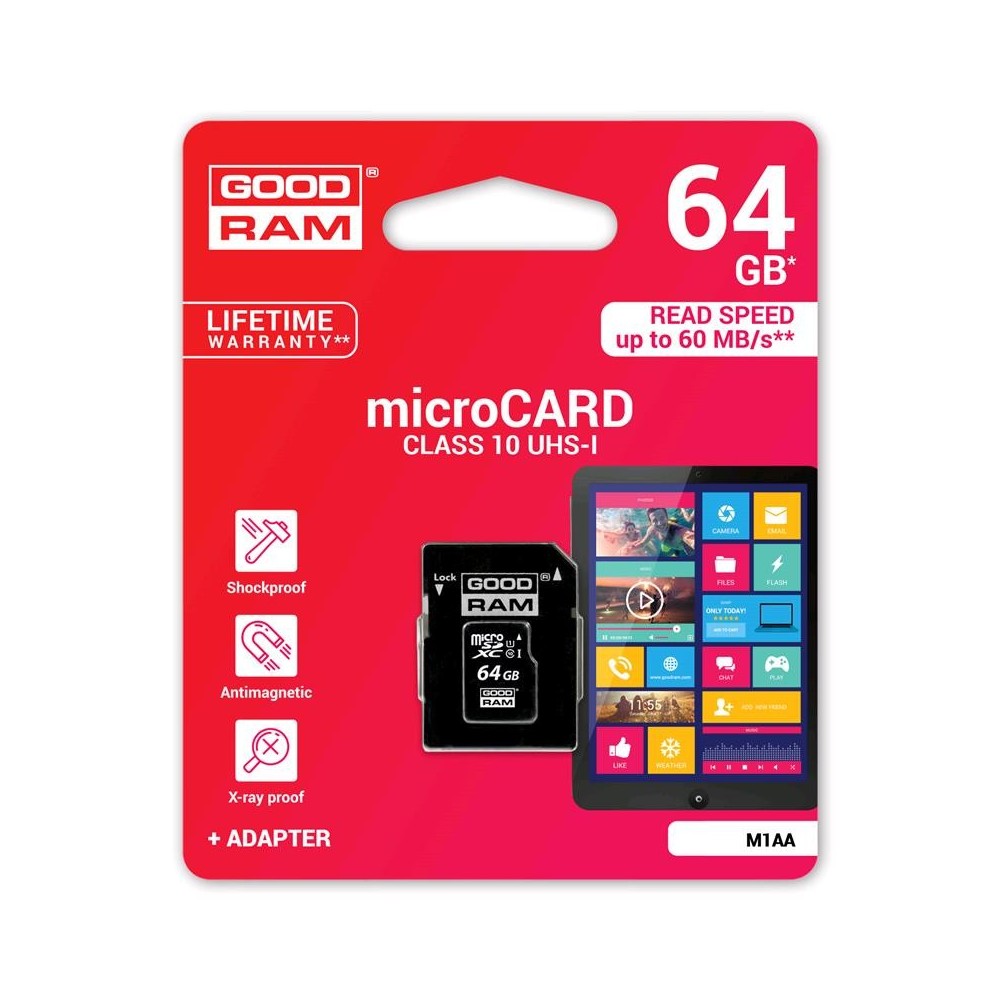 Scheda memoria GOOD RAM microsd card 64 GB con adattatore SD Classe 10  100MB/s