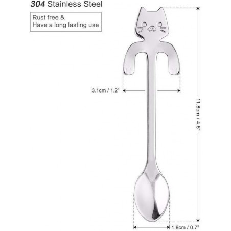 Set di 4x Cucchiaini da caffè te forma di gatto con clip appoggio acciaio inox