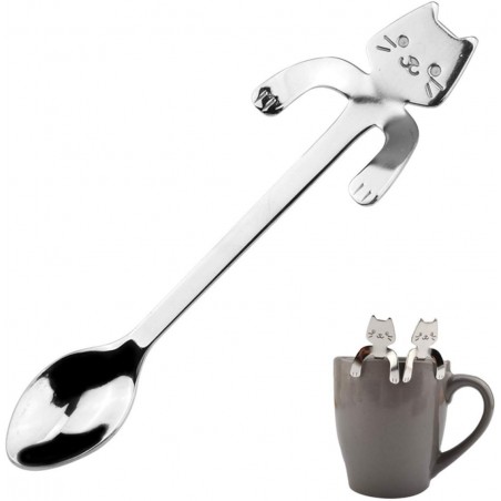 Set di 4x Cucchiaini da caffè te forma di gatto con clip appoggio acciaio inox