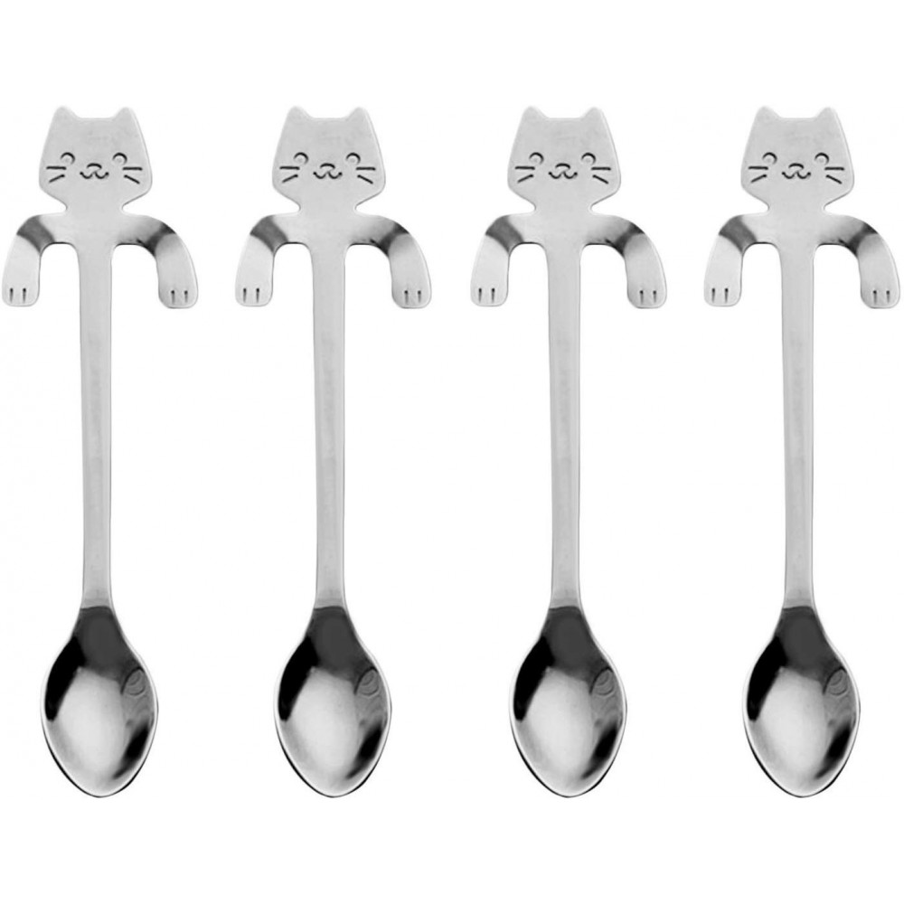 Vektenxi 4 cucchiai in argento resistenti e utili Cucchiaini in acciaio INOX a forma di gatto zucchero e torta per tè