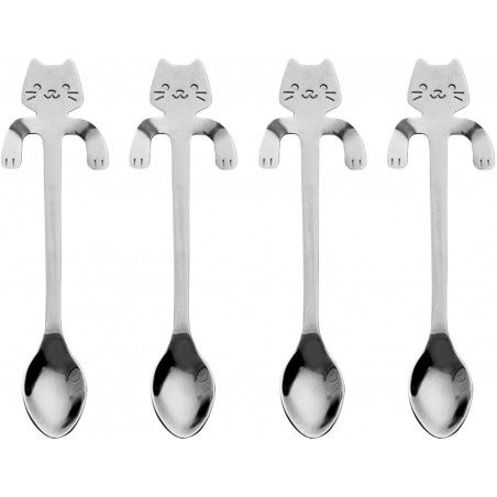 Set di 4x Cucchiaini da caffè te forma di gatto con clip appoggio acciaio inox