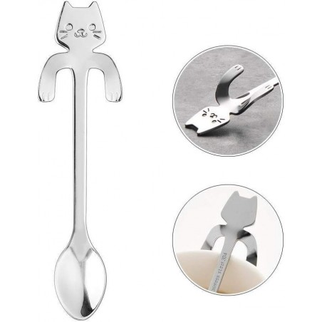 Set di 4x Cucchiaini da caffè te forma di gatto con clip appoggio acciaio inox