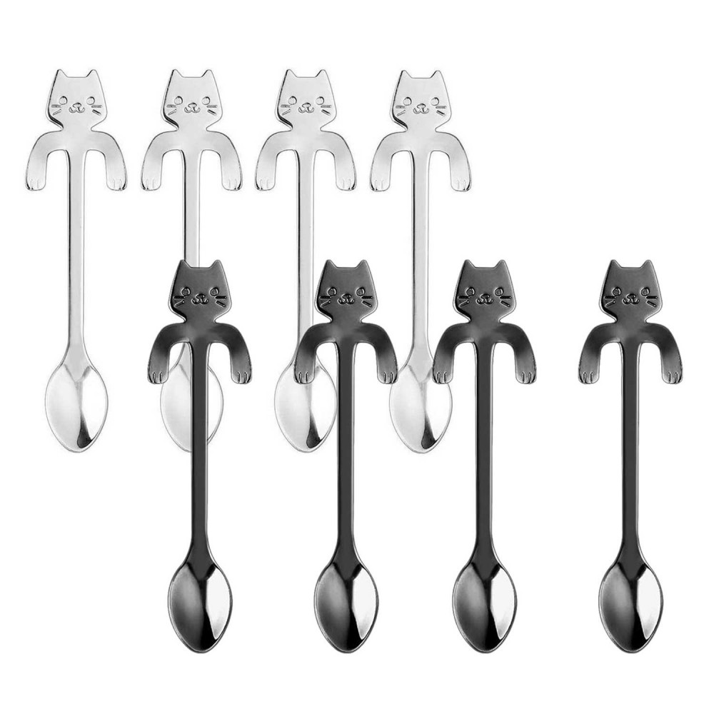 Set di 4x Cucchiaini da caffè te forma di gatto con clip appoggio acciaio inox