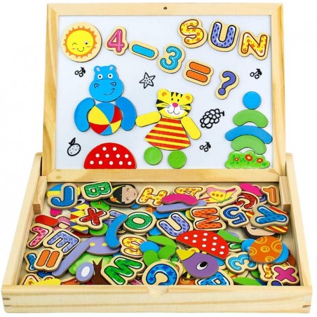 Gioco per bambini in legno con puzzle magnetici cancellino gessetti e penna 90pz