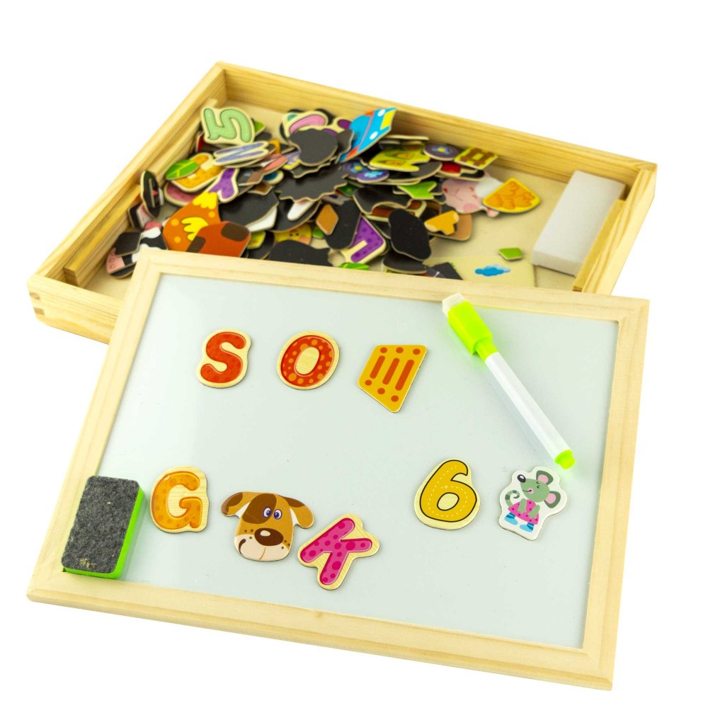 Gioco per bambini in legno con puzzle magnetici cancellino gessetti e penna 90pz