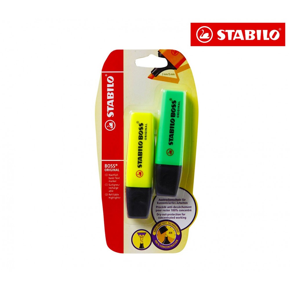 Set di 2 evidenziatori tratto 2-5 mm boss stabilo giallo e verde con punta a scalpello