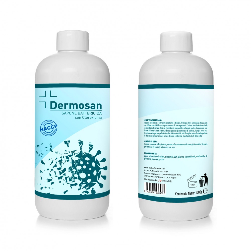 Sapone mani sanificante DERMOSAN alla clorexidina 1 LT igienizzante con dosatore