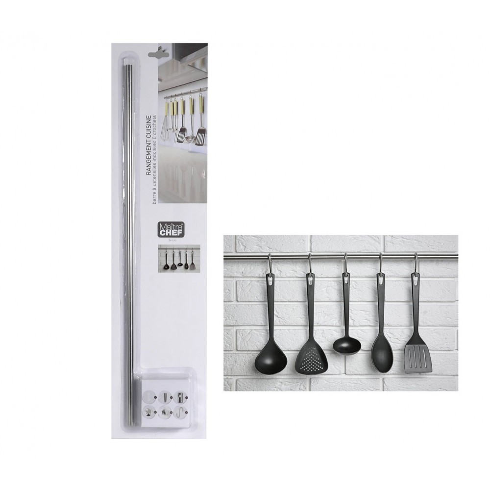 MAITRE CHEF 980597 Barra 54cm con 8 ganci porta oggetti per cucina in acciaio