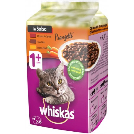 WHISKAS pranzetti per gatti in 6 bustine da 50GR con carne e verdure