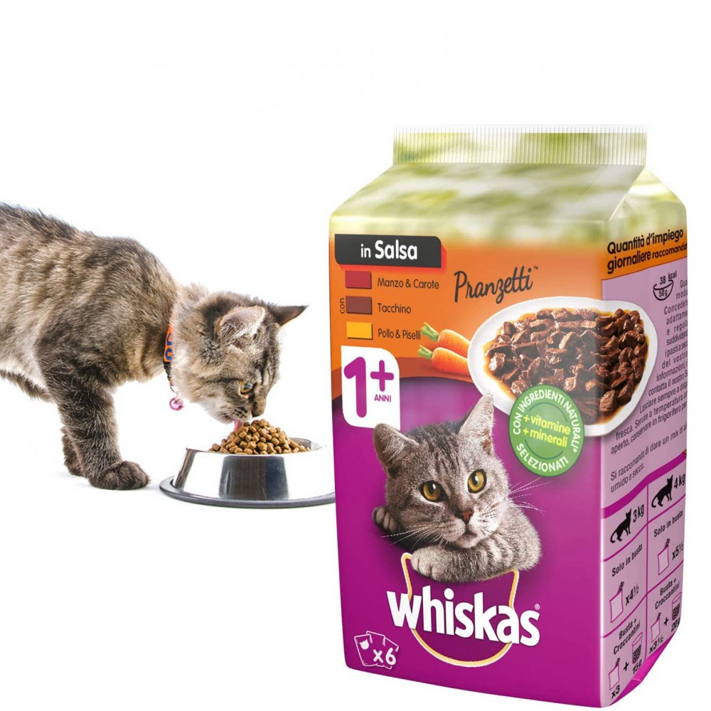 WHISKAS pranzetti per gatti in 6 bustine da 50GR con carne e verdure