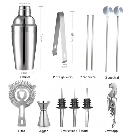 Kit 12 + 1 pezzi da Barman TMX12 con Base di legno e Guida per cocktail acciaio