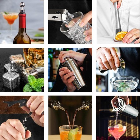 Kit 12 + 1 pezzi da Barman TMX12 con Base di legno e Guida per cocktail acciaio