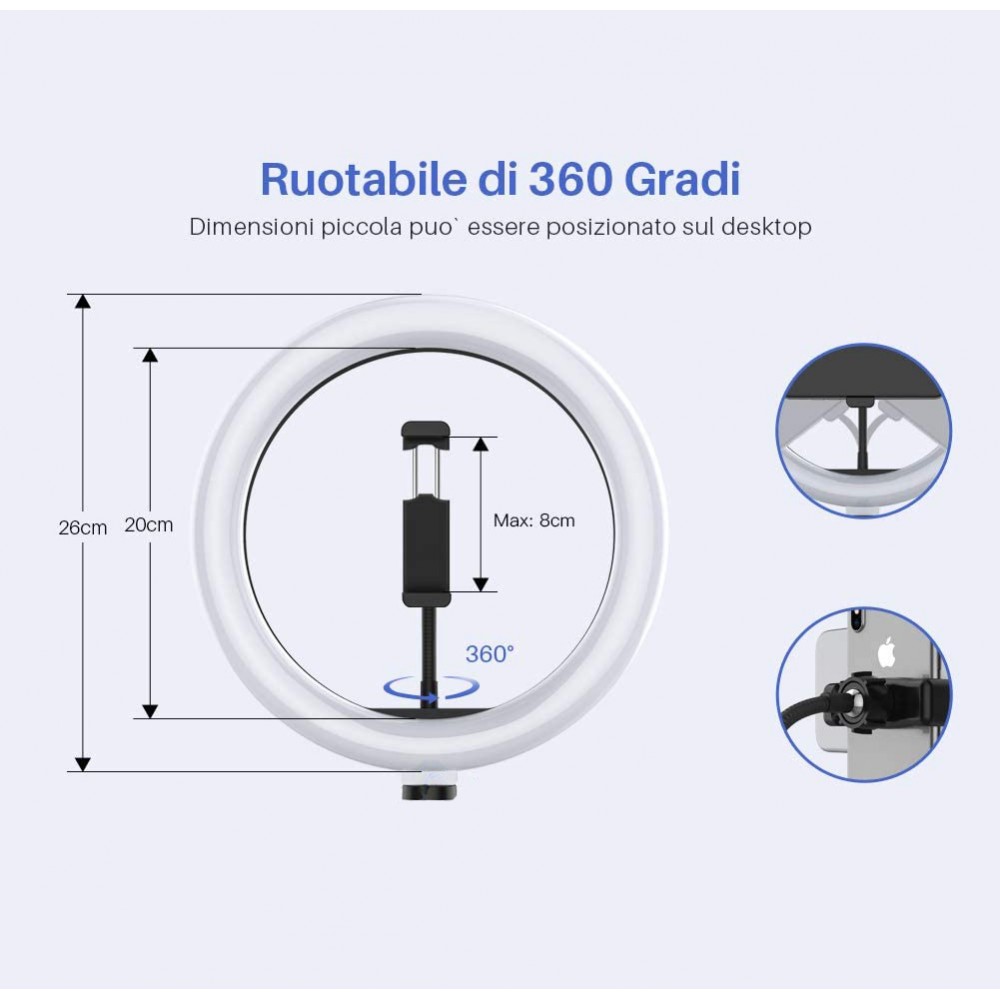 Lampada ad anello luce led 26 cm faro selfie...
