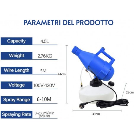 Nebulizzatore per disinfestazione portatile 4.5 LT regolabile con raggio 10 Mt