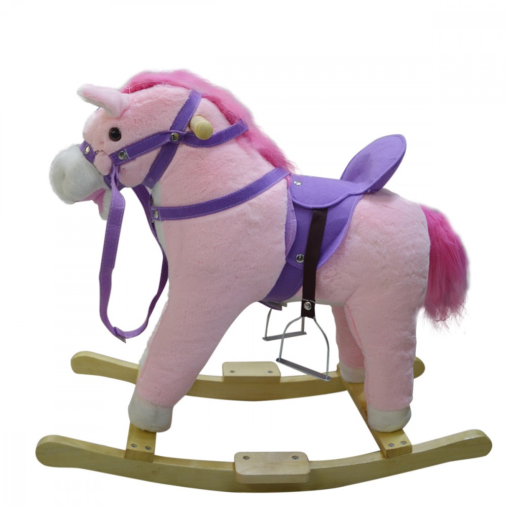 Cavallo a dondolo peluche e legno 432013 muove la bocca e fa il verso ROSA