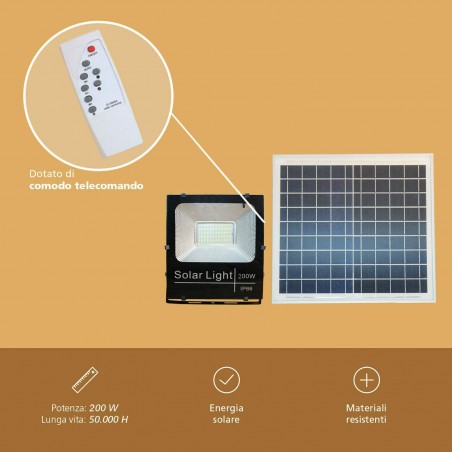 Faro 200W led fredda energia solare 011200 con crepuscolare e telecomando 6500k