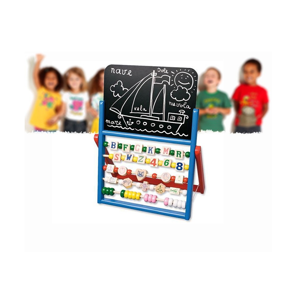 Lavagna in legno colorato con abaco e pallottoliere su stand gioco educativo didattico per bambini