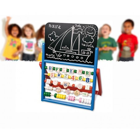 Lavagna in legno colorato con abaco e pallottoliere su stand gioco educativo didattico per bambini Lavagna in legno colorato con abaco e pallottoliere su stand gioco educativo didattico per bambini