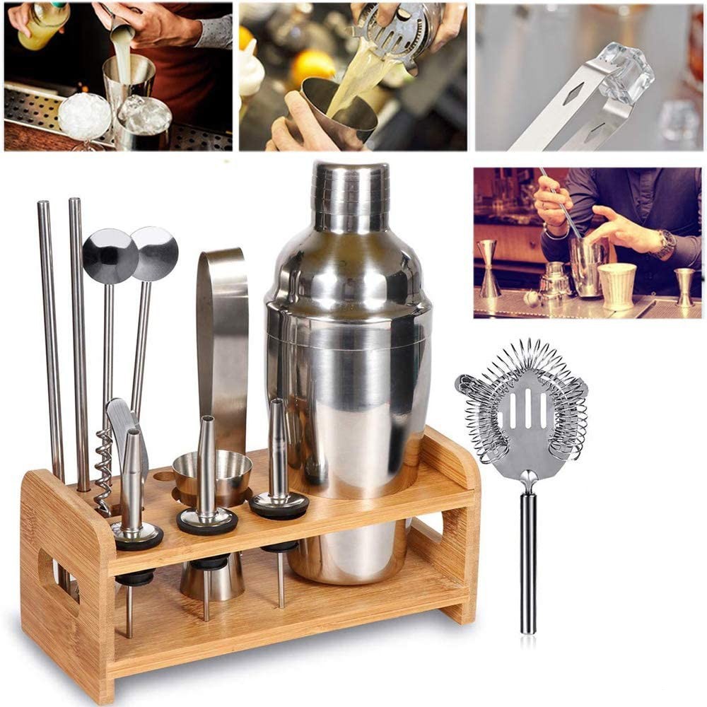 Kit 12 + 1 pezzi da Barman TMX12 con Base di legno e Guida per cocktail acciaio