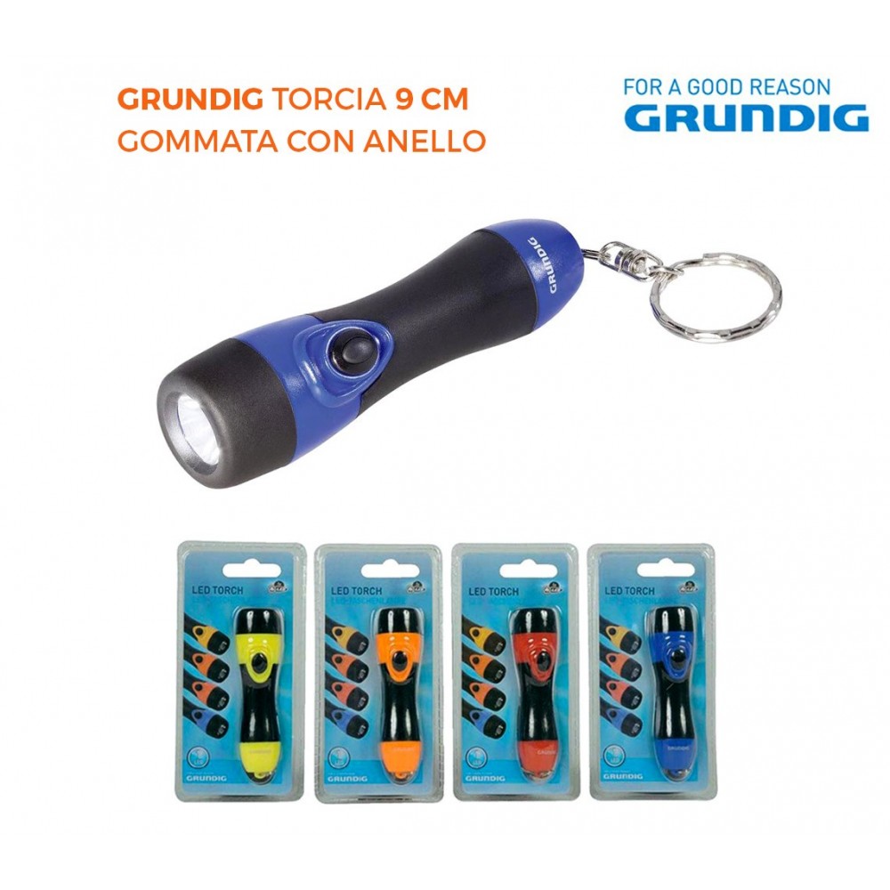 Torcia 1 Led mini Grundig colorata con gancio portachiavi e impugnatura in gomma antiscivolo 9 cm