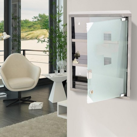Armadietto porta medicinali con chiave acciaio inox vetro satinato 30x12x45h cm