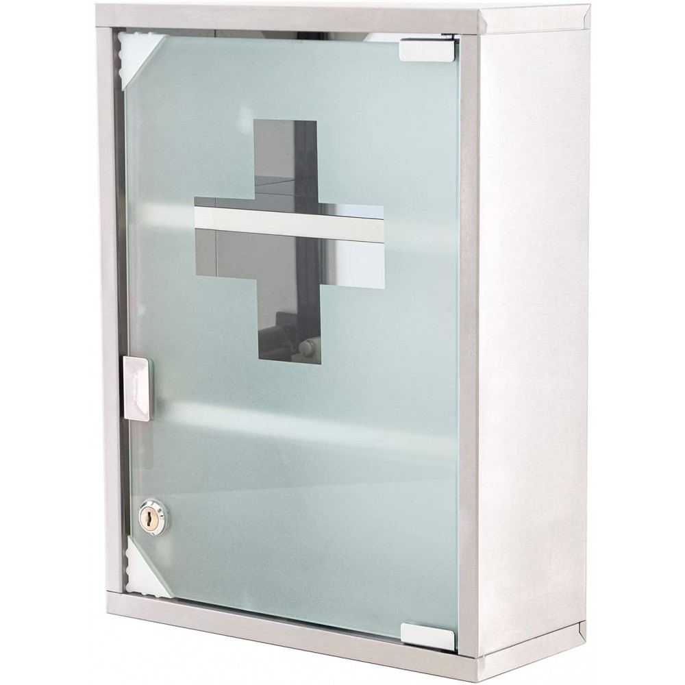 Armadietto porta medicinali con chiave acciaio inox vetro satinato 30x12x45h cm