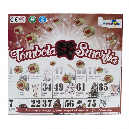 Tombola della smorfia napoletana 423192 con 90 numeri in legno e 48 cartelle