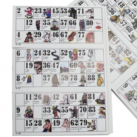 Tombola della smorfia napoletana 423192 con 90 numeri in legno e 48 cartelle