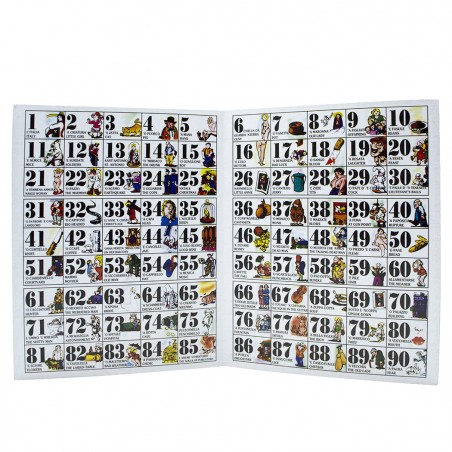 Tombola della smorfia napoletana 423192 con 90 numeri in legno e 48 cartelle