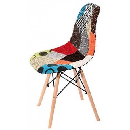 Sedia fantasy tessuto Patchwork 80x52x46cm con gambe in legno e seduta morbida