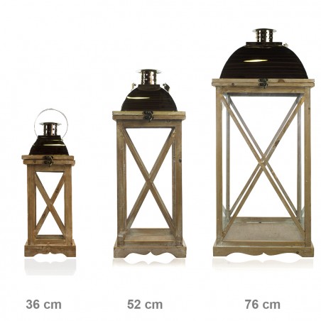 Set 3 Pz Lanterne BRONZO 335007 porta candele 36' 52' 76' cm in legno e vetro