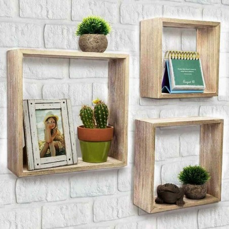 Set da 3 Mensole a cubo in legno NATURALE 547076 con accessori per il montaggio