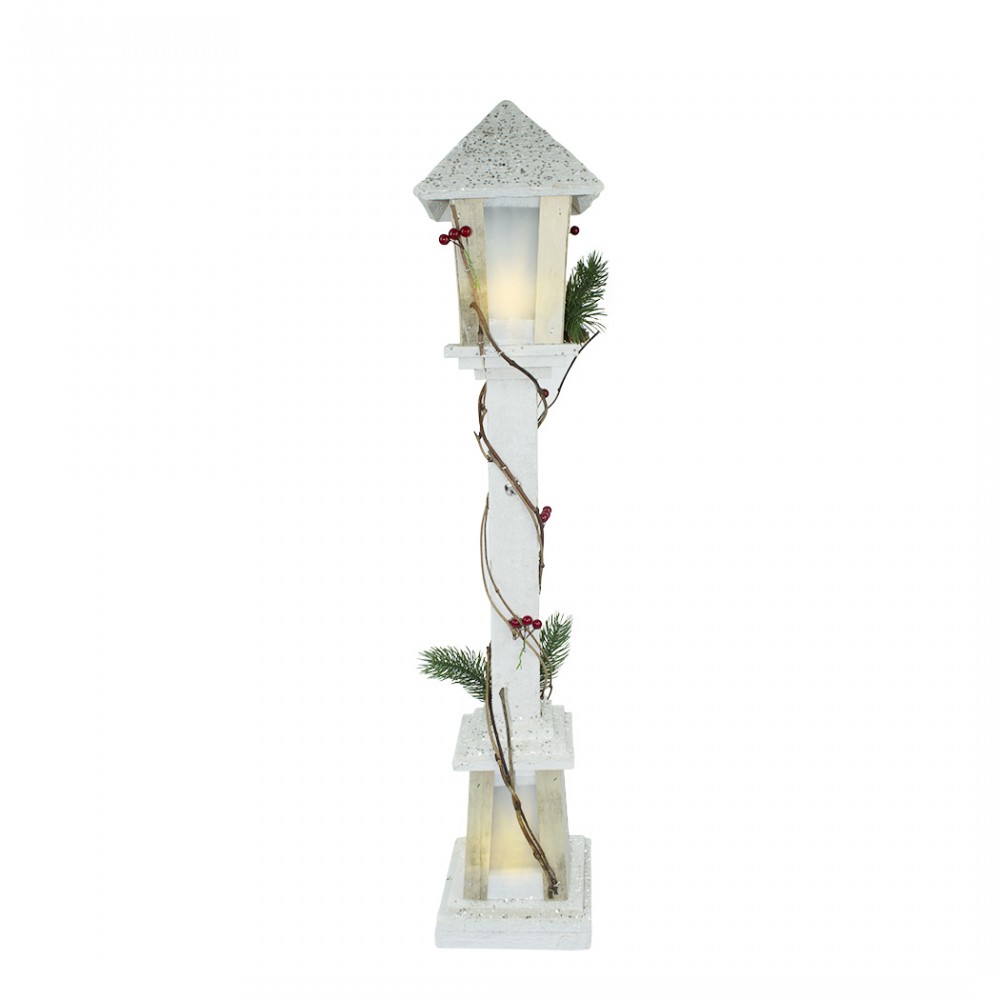 Lampione di Natale 293022 legno bianco glitter lanterna h85 cm 15 led luce calda