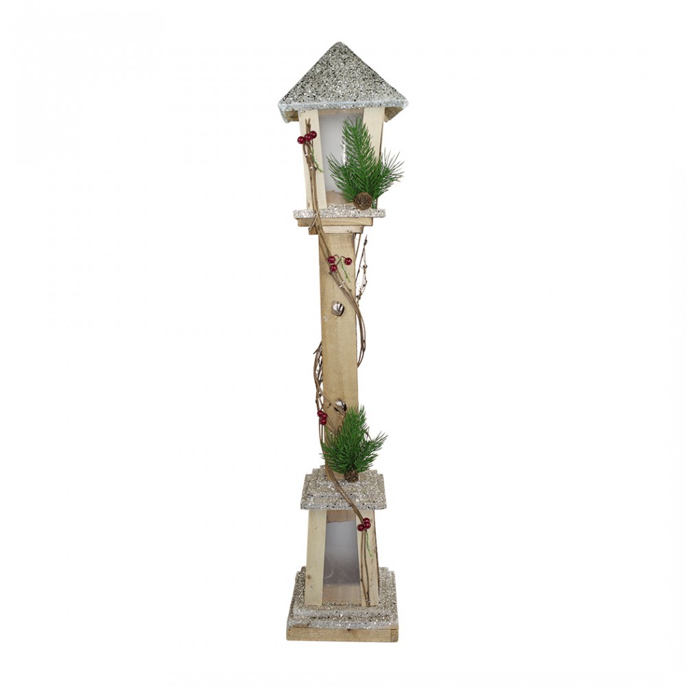 Lampione Di Natale 293021 In Legno Glitter Oro Lanterna H85 Cm 15 Led Luce Calda